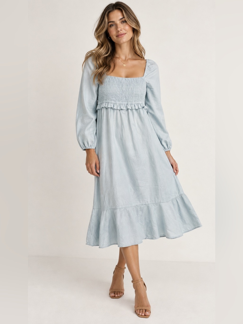 7 For All Mankind Linen Cotton Blend Long Sleeve Smocked Ruffle Dress Size S